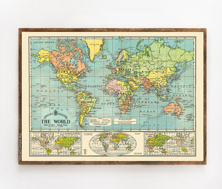 Cavallini & Co. Poster - World Map 6 Vintage Wall Print Framed