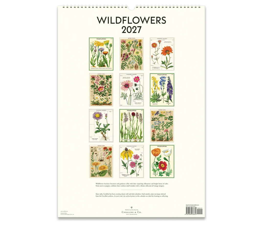 Back of Cavallini Wildflowers 2027 wall calendar showing the 12 botanical illustrations