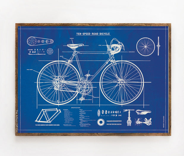Cavallini & Co. Poster - Bicycle Blueprint Vintage Wall Print Framed