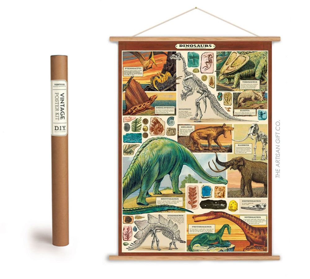 Vintage-style dinosaur poster set with educational illustrations on a white background