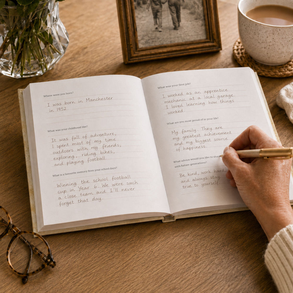 An open notebook with handwritten journal entries on white pages, held by a person's hand over a warm wooden desk. A mug, glasses, and a framed photo are visible in the background.