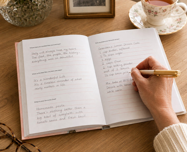 An open lined journal with handwritten notes on a wooden table, shown from above with a hand holding a gold pen writing in it. A floral teacup and saucer, a glass jar, and a small sprig of dried flowers are visible in the background.