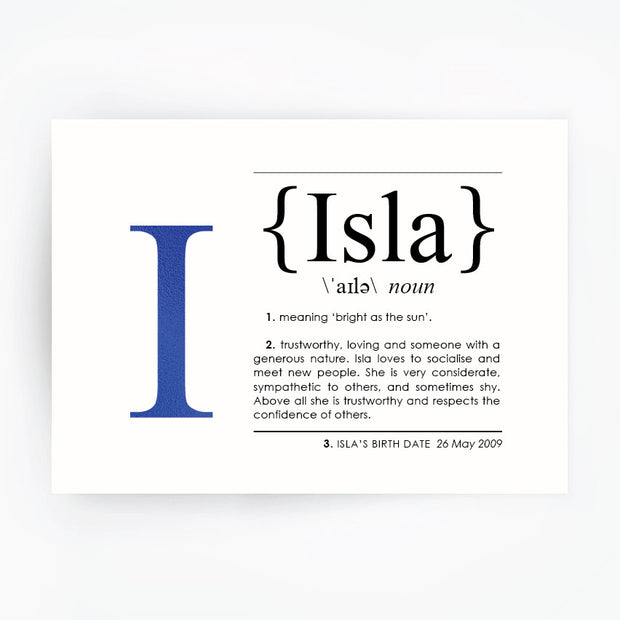 Name Definition Art Print ISLA - Hand Foiled Print Blue Foil