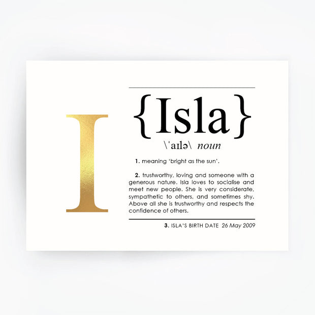 Name Definition Art Print ISLA - Hand Foiled Print - Gold Foil