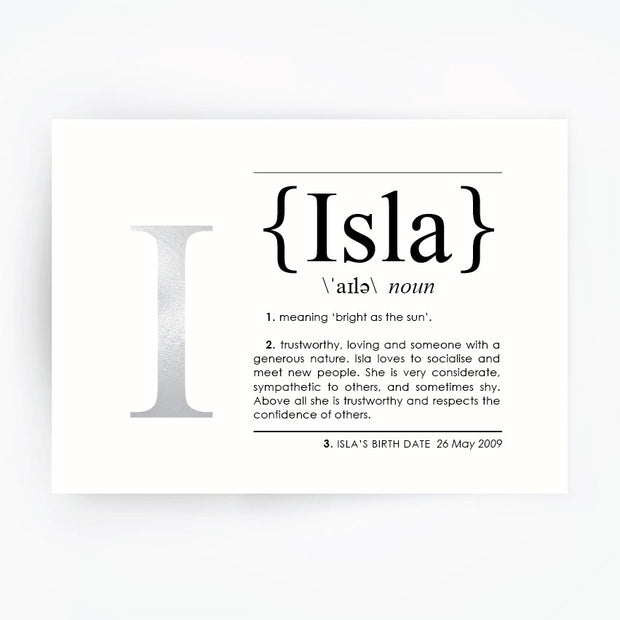 Name Definition Art Print ISLA - Hand Foiled Print Silver