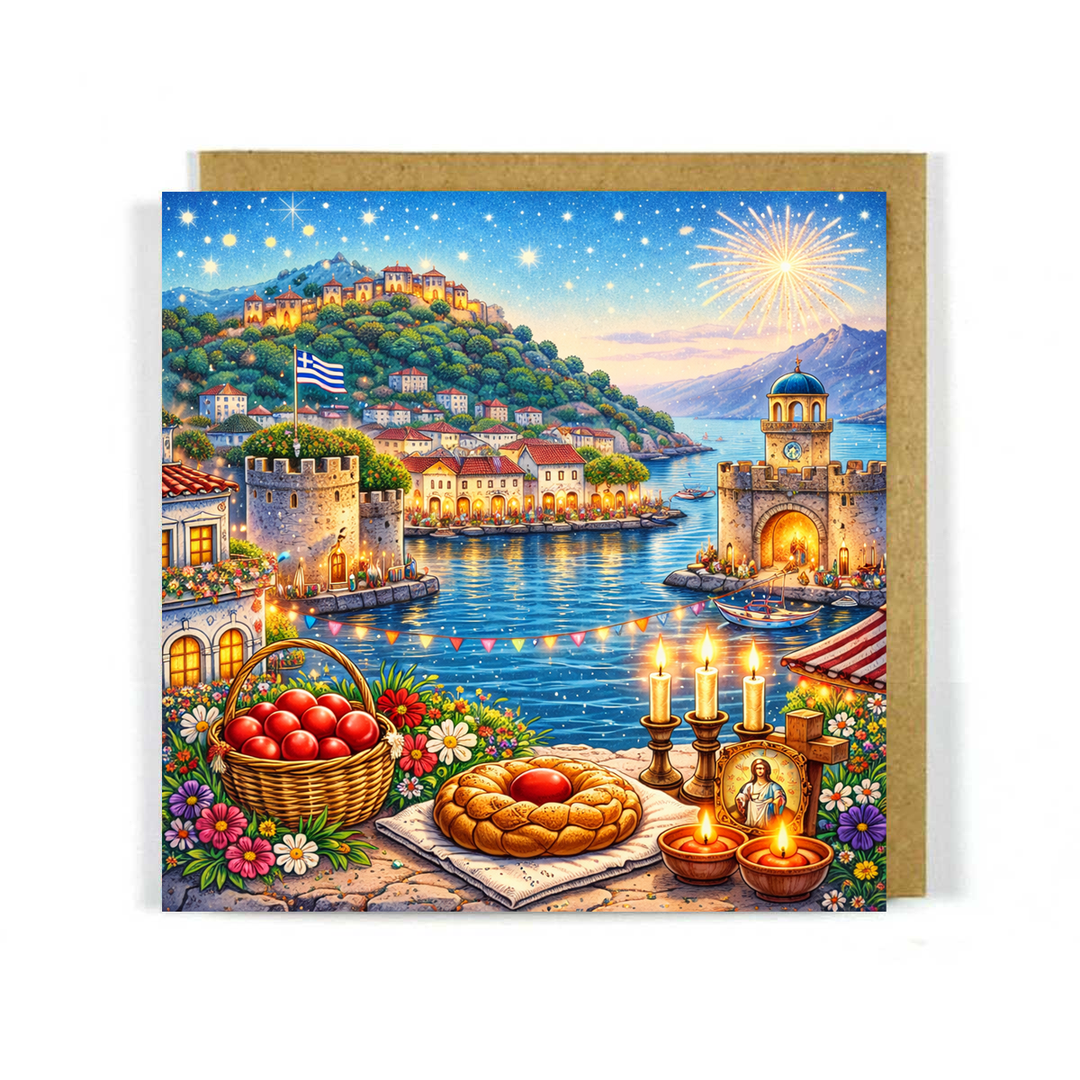 Greek Easter Scene - Easter on Nafpaktos Greeting Card