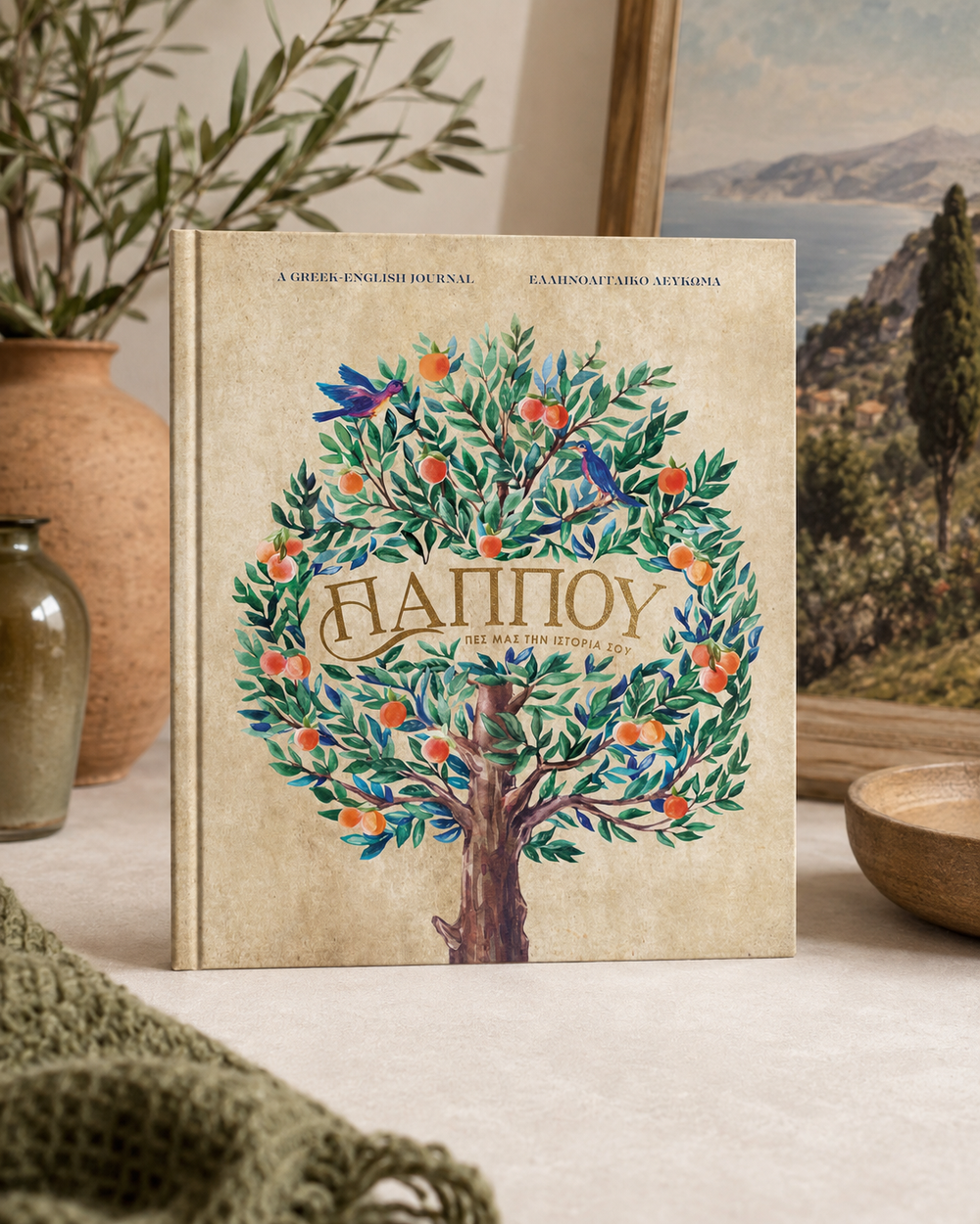 A hardcover book titled 'PAPPOU' featuring a detailed illustration of a tree of life with green leaves, orange fruits, and blue birds, set against a warm beige background. The book is displayed on a tabletop with decorative props including a ceramic vase, a small glass bottle, and a framed landscape print.