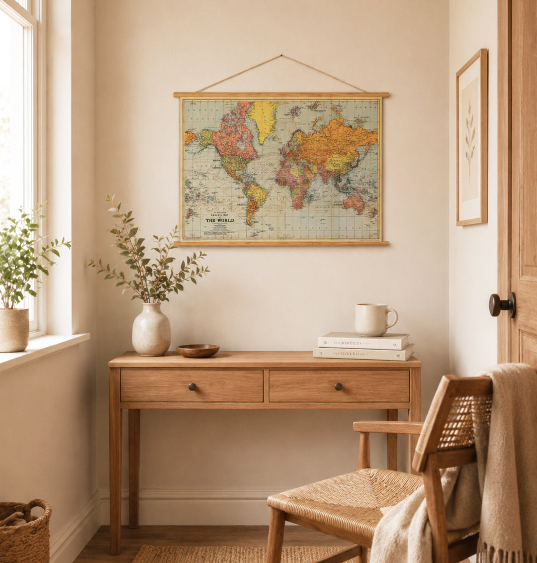 A vintage-style world map wall hanging in a light wood frame is displayed above a wooden console table in a warm, neutral-toned room with a chair, books, and a mug.