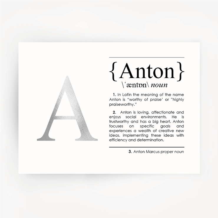 Name Definition Art Silver Foil Print ANTON