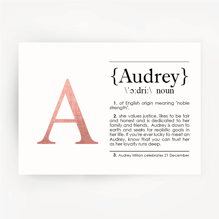 Name Definition Rose Gold Foil Print AUDREY