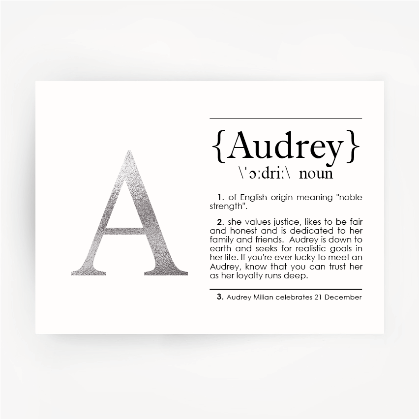 Name Definition Silver Foil Print AUDREY