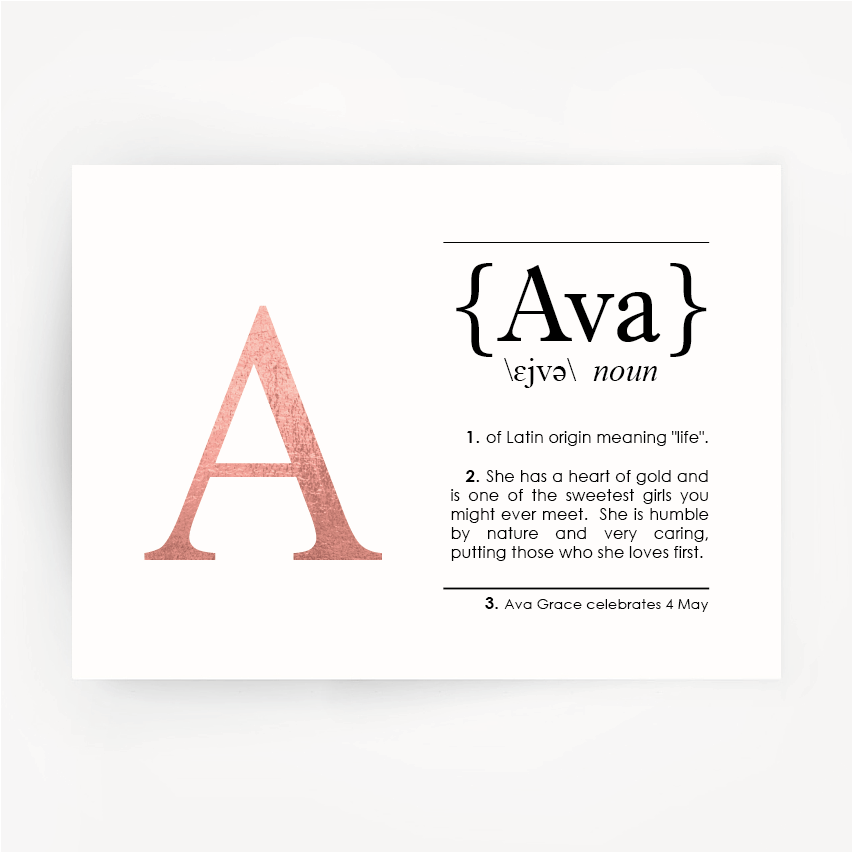 Name Definition Art Rose Gold Foil Print AVA