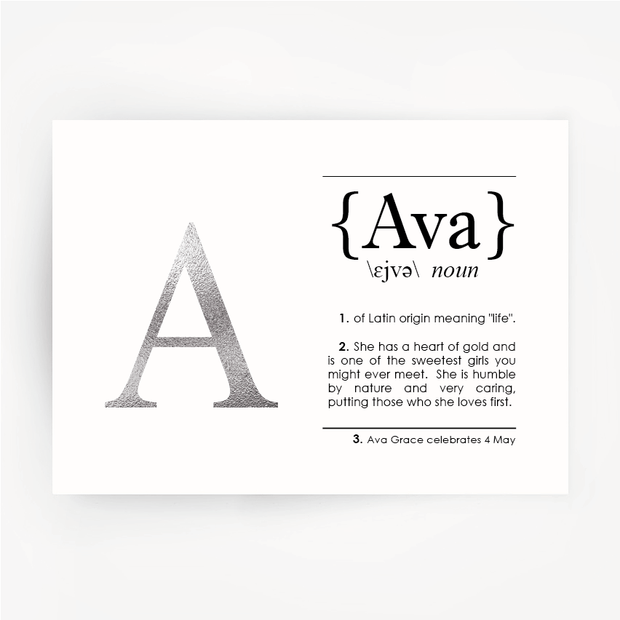 Name Definition Art Silver Foil Print AVA