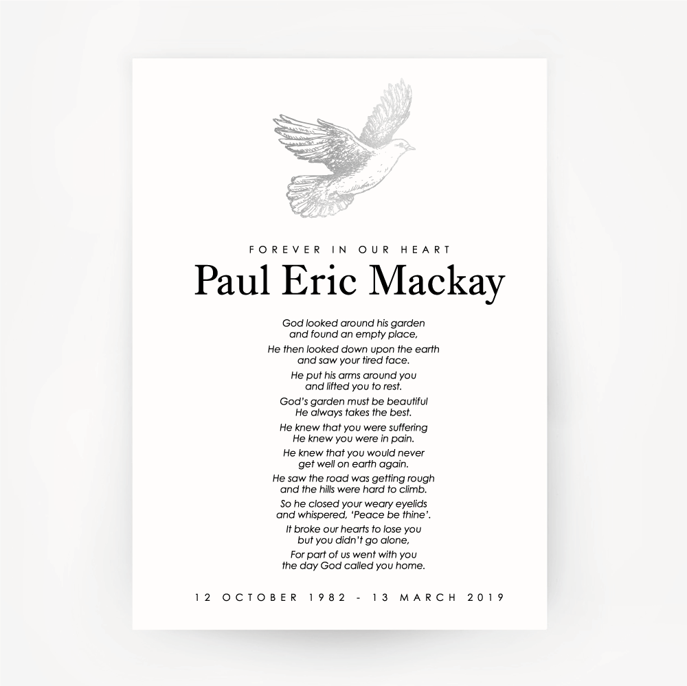 Dove Memorial Print Customised Silver