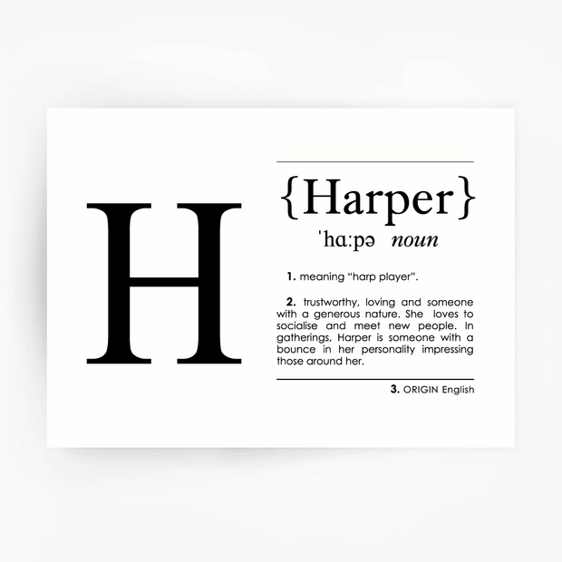 HARPER Name Definition Art Print Black