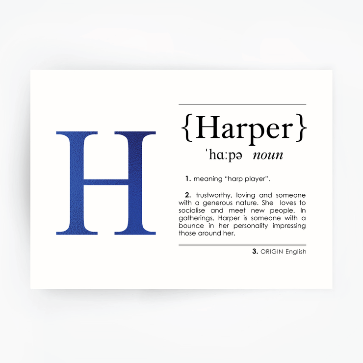 HARPER Name Definition Art Print Blue Foil