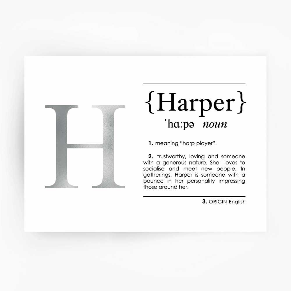 HARPER Name Definition Art Print Silver