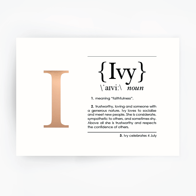 Name Definition Art Print IVY Rose Gold Foil