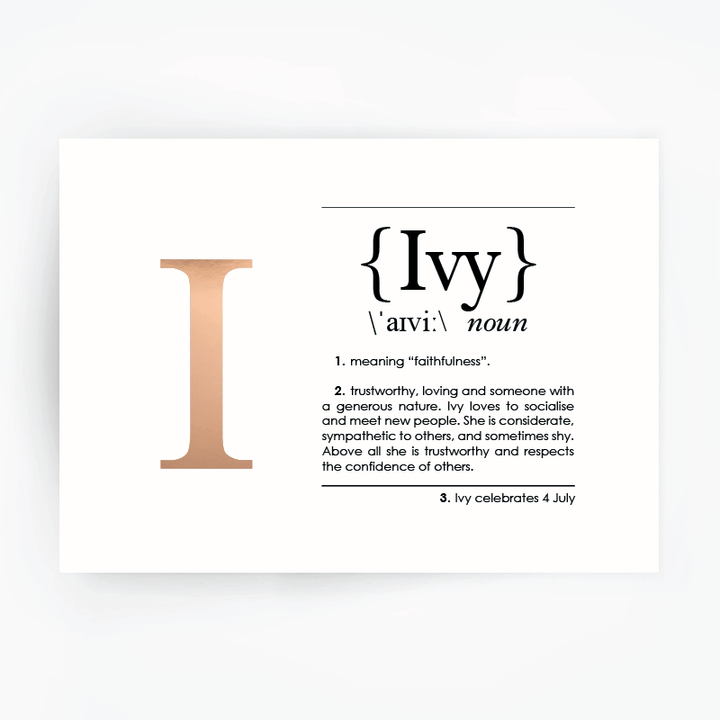 Name Definition Art Print IVY Rose Gold Foil