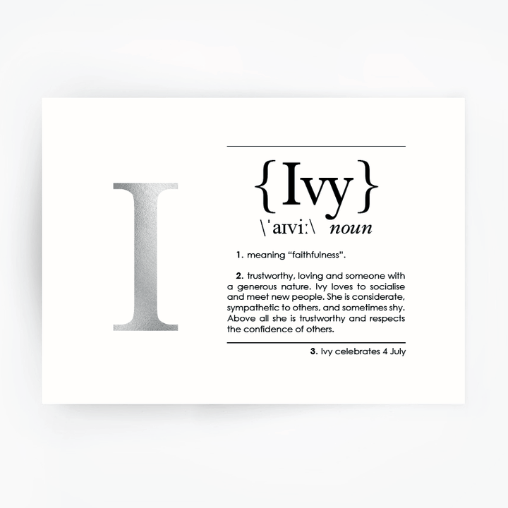 Name Definition Art Print IVY Silver Foil