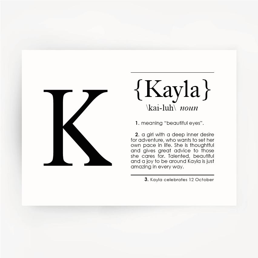 Nome Rpit The Name Kayla Means KAYLA Personalized Name Print / Typography Print