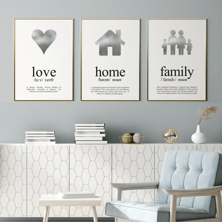 3 Silver Foil Print Set Love, Home and Family