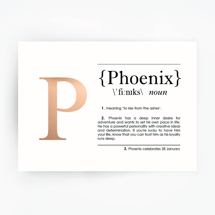 Name Definition Art Print PHOENIX Rose Gold