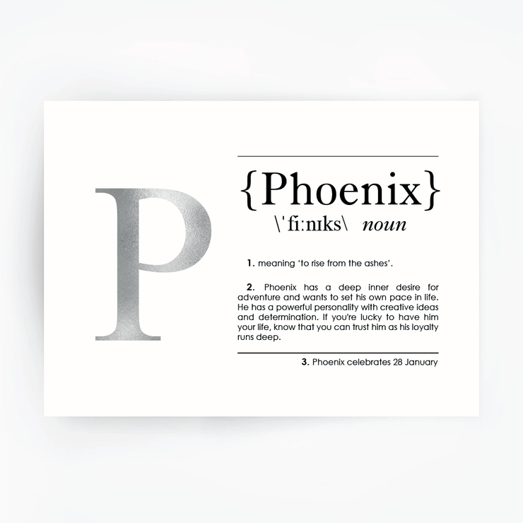 Name Definition Art Print PHOENIX Silver