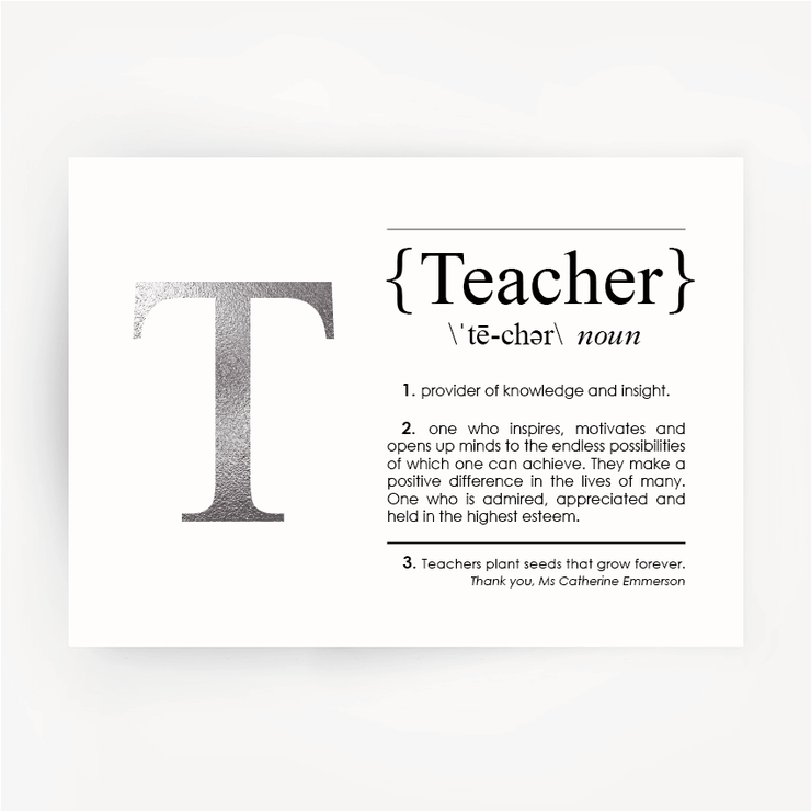 TEACHER Definition Silver Foil Print