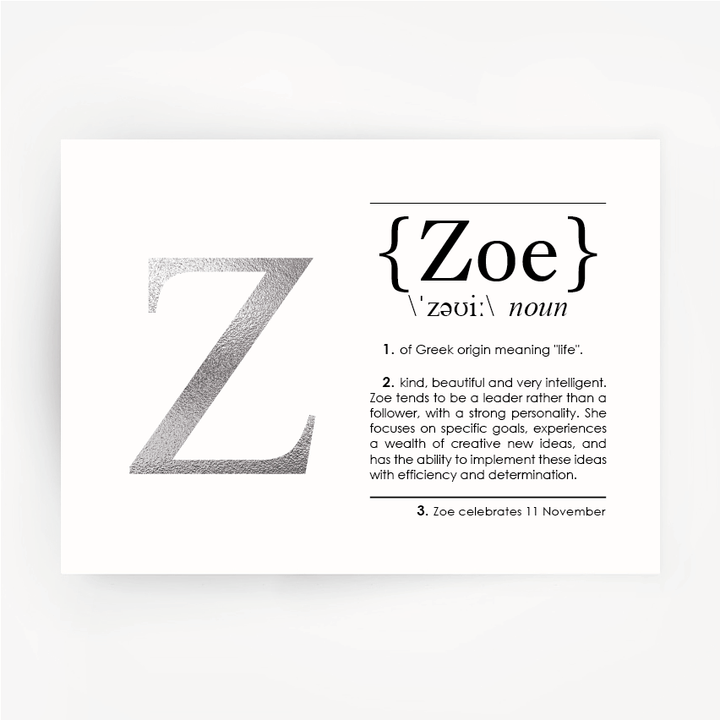 ZOE Name Definition Silver Foil Print