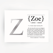 ZOE Name Definition Silver Foil Print